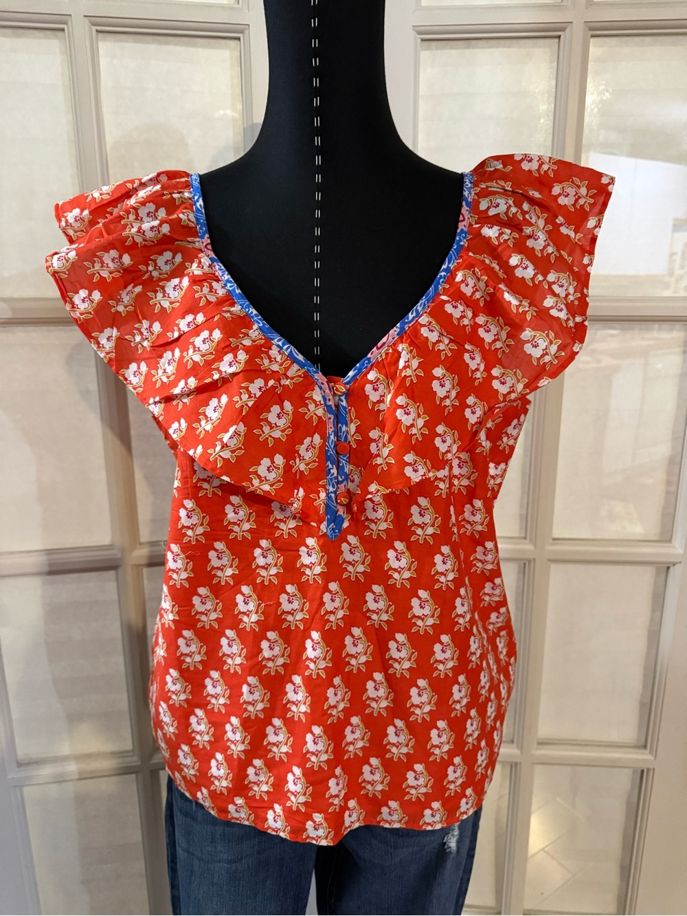 J. Crew Red Floral Ruffle-Sleeve Top with Blue Trim